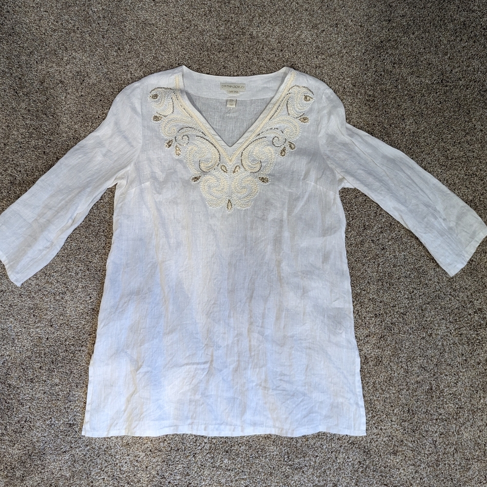 CYNTHIA ROWLEY V-neck Beaded Embroidery BOHO 100% LINEN Peasant tunic  M